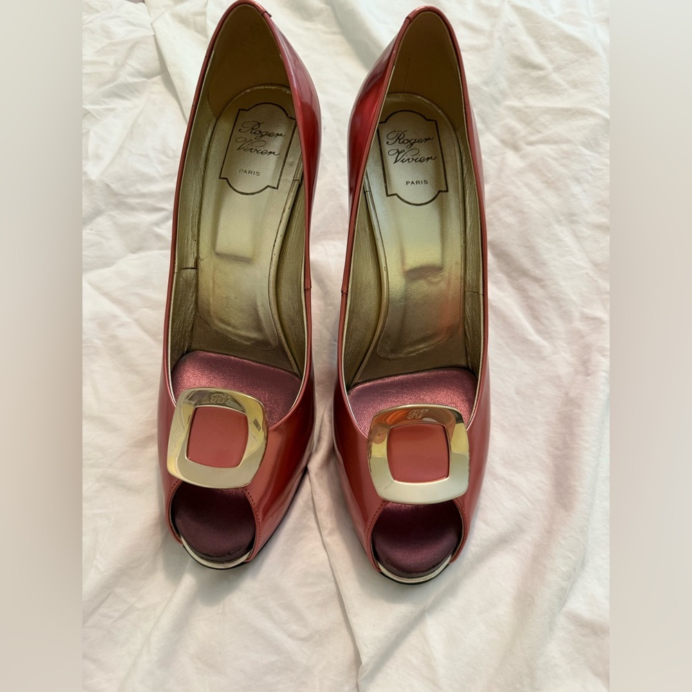 Roger Vivier Pink Peep-Toe Heels with Gold Buckle